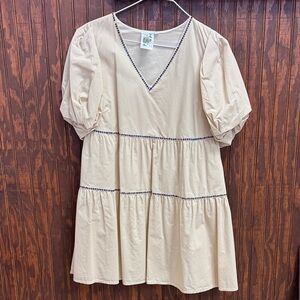 QUEEN OF SPARKLES Cream Tiered Puff Sleeve Dress with Navy Trim